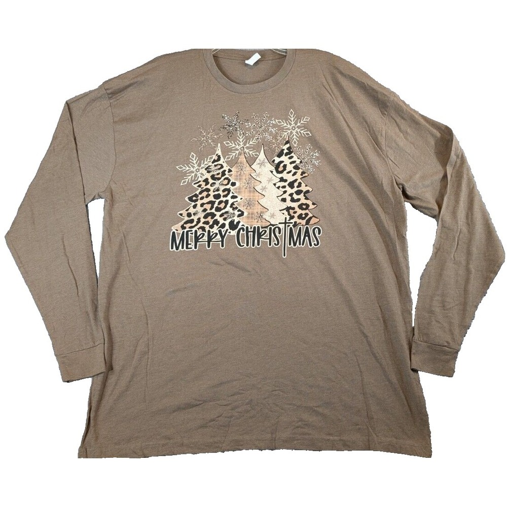 Apparel T-shirt Men's 2X Brown Merry Christmas Leopard Trees Long Sleeves Casual